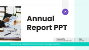 Annual report PPT with teal design, charts, KPIs, and clean layouts for clear financial and business insights.