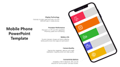 Tilted smartphone illustration displaying colorful feature icons, paired with text descriptions positioned to the left.