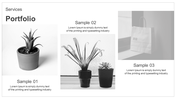 Portfolio slide layout with three grayscale images, including a small potted cactus, indoor plants, and a shopping bag.