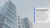 Real estate PowerPoint template featuring a modern building with glass windows with placeholder text.