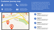 Customer journey slide featuring a map with red location markers, four icons and captions in blue theme.