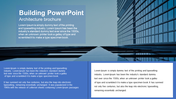 Building themed template with a cityscape reflection, a title block reading in bold white text placed with caption areas.