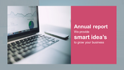 Business report slide featuring a laptop displaying an analytics dashboard, a smartphone on the desk, and a pink section.