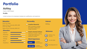 Portfolio slide with photo, education, skills, personality traits, and contact details on a blue and yellow layout.