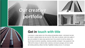 Portfolio PowerPoint template with images of modern buildings and a creative portfolio theme.