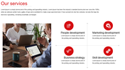 Our services PowerPoint template features four service categories and icons with an image and placeholder text.