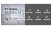 Our Services slide with a split layout, featuring a modern bedroom with text and six service icons on a dark background.