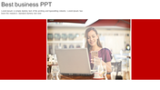 Business themed slide with a layout, featuring a professional woman in a relaxed workspace and structured typography.