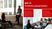 Portfolio slide with a red header, and three sections of text beside two images of women sitting by a window.