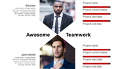 Teamwork slide with two images of people in an arrow frame pointing each other, and red progress bars on the right.