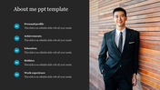 About me PowerPoint template with sections for personal profile, achievements, education, hobbies, and work experience.