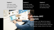 Portfolio template with three captions on a dark and gray backdrop, beside an image of a person working on a laptop.