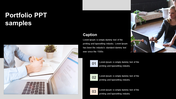 Portfolio slide with a black and white background, featuring a woman working on a laptop with code on the screen. 