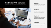 Portfolio slide with a black background, featuring two images of professionals working on laptops and a text section. 