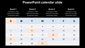 Calendar slide with event labels for each day, featuring pastel colors for weekdays, on a black background.