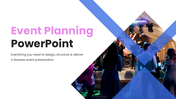 Event planning PPT with blue and pink theme, visuals, charts, and structured slides for clear event strategy presentation.