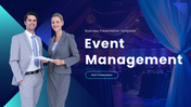 Event Management PPT Template with blue theme, corporate presenters image, icons, shapes and clean event planning slides.