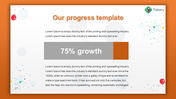 Progress tracking PowerPoint slide featuring a 75 percent growth graphic with celebratory confetti icons.