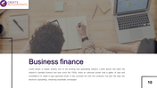 Business finance slide with a person working on financial planning, including a laptop displaying graphs and a notebook.