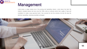 Management-themed slide with a title, text block, and a background image of a collaborative workspace.