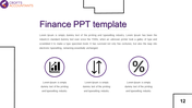Finance slide with three circular icons representing a bar chart, up-down arrows, and a percentage symbol.