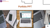 Professional portfolio slide with a tech setup, including laptops, a smartphone, and office stationery.
