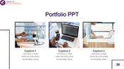 Portfolio slide featuring three images of hands using laptop connected by smartphones, with captions below.