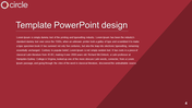 PowerPoint template design with a red background, featuring a large title and placeholder text.