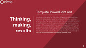 Red themed slide with bold white text on the left and a paragraph section on the right, separated by a vertical line.