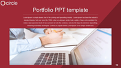 Portfolio slide with a red background, showcasing a close up of a laptop and a hand writing using a pencil.