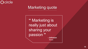 Marketing quote slide with a red background, a bold heading, and a speech bubble containing a quote and author name.