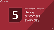 Marketing slide with a red background, a large white number 5 in a dark red shape, and bold text on customer satisfaction.