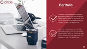 Portfolio slide design with two checkmarks and text descriptions on a red and white background with a laptop image.