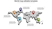 Grayscale 3D world map with five colorful location markers in orange, purple, teal, red, and green, each linked to text.