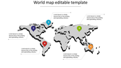 World map PPT template with colorful location markers and caption points with placeholder text.
