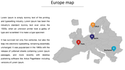 Europe map slide with labeled pins marking cities like Paris, Berlin, DSLD, and Bucharest, accompanied by descriptive text.