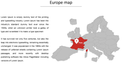 Gray Europe map with a red highlighted France, marking Paris with a location pin and placeholder text on the left.