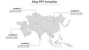 Asia map template with four labeled locations connected by dotted lines to text placeholders.