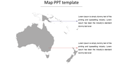 Map slide featuring Australia and New Zealand with colored lines pointing to two separate text sections.