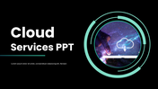 The Cloud Services PPT dark theme, teal circles, chip image, text holders, icons, modern shapes layout.