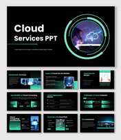 The Cloud Services PPT dark theme, teal circles, chip image, text holders, icons, modern shapes layout.