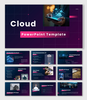 Get this Cloud PowerPoint Template dark blue purple slides, cloud image, text boxes, icons, modern shapes.