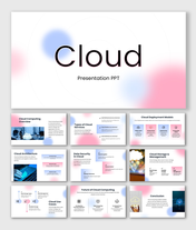 Cloud slides with clean white layout, soft gradient blobs, service blocks, charts, icons, shapes, and clear text layouts.