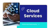 Cloud services blue and teal slides with cloud icons, service models chart, deployment diagram, and tech visuals.
