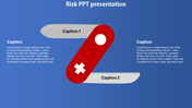 Risk PowerPoint presentation slide showing a Swiss army knife with two tools and placeholder text captions.