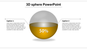 3D sphere slide with a metallic gray top and golden bottom labeled with percentage, and two captions on both sides.