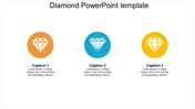 Diamond PowerPoint template with three colorful diamond icons and text placeholders for captions.