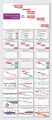 Slide deck featuring various Gantt and timeline templates with colorful bars, labels, and milestones across multiple slides.