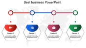 Best business PowerPoint template with colorful hexagonal icons for each section and captions related to business topics.