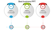 Three circular infographic elements with icons and captions, each linked by vertical lines to numbered circles below.
